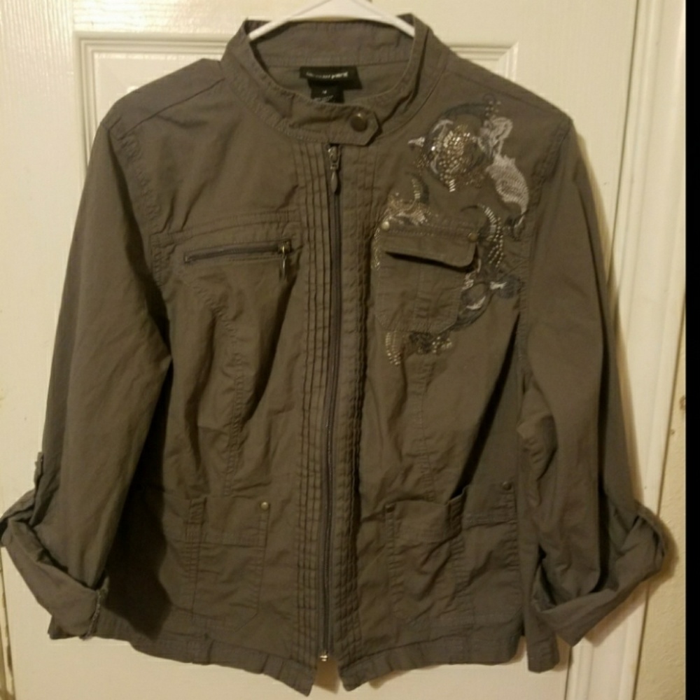 Olive Green Embroidered Twill Utility Jacket